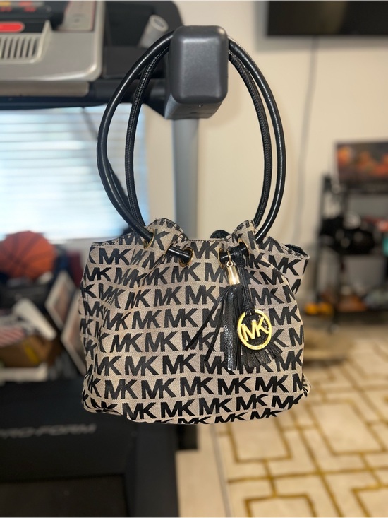 Michael Kors Handbags - Michael Kors Black & Beige MK Logo Shoulder Tote with Tassel Charm